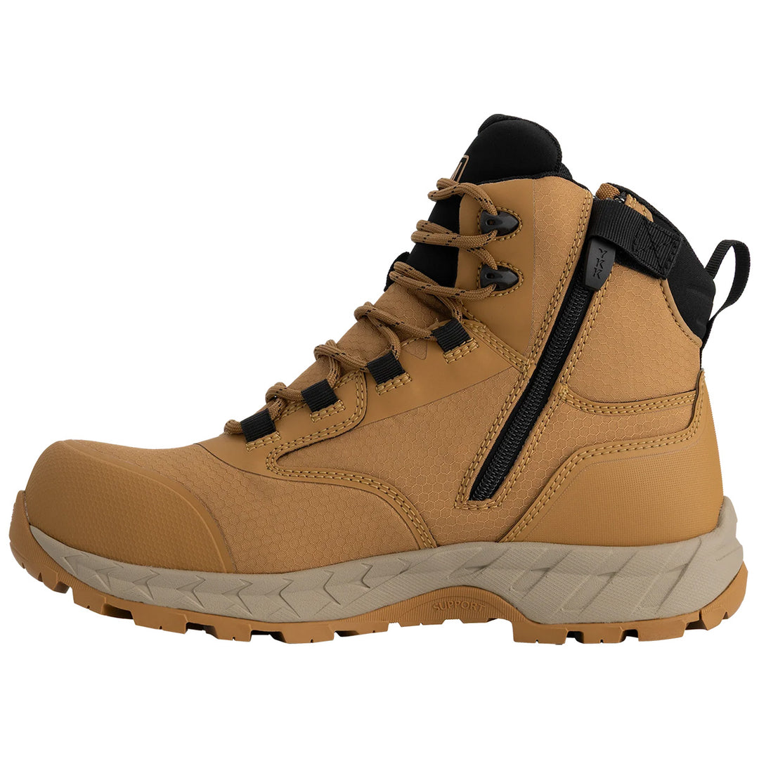 A tan mid-cut boot with black accents, including a side zipper, laces, and heel details, shown from a side profile on a white background.