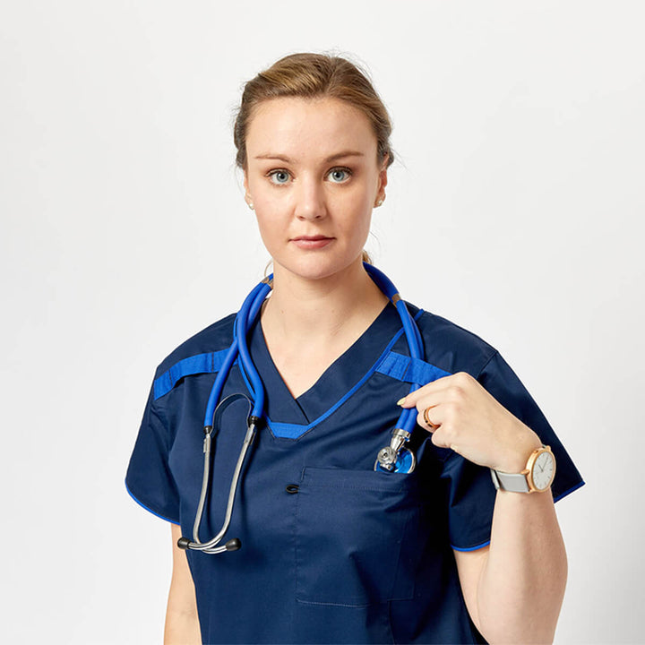 Medi8 M88026 Women’s Stretch Scrub Top Navy Blue Side View