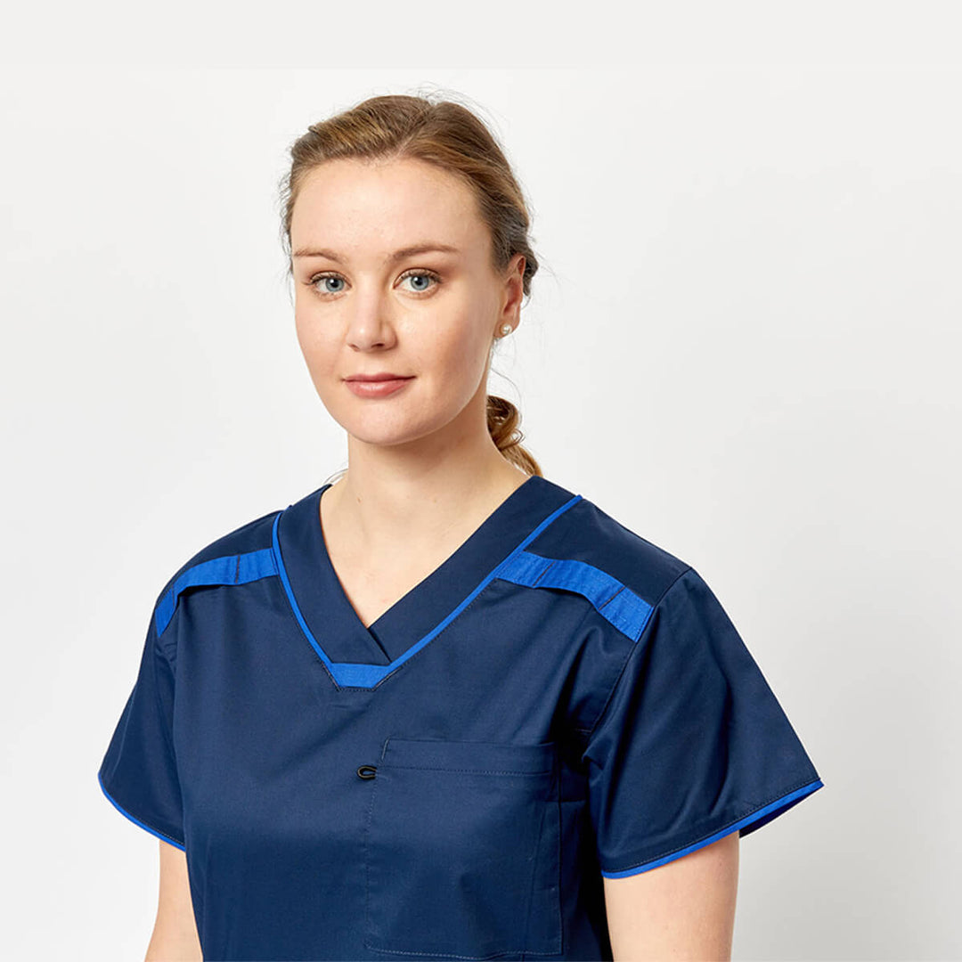 Medi8 M88026 Women’s Stretch Scrub Top Navy Blue Detail View