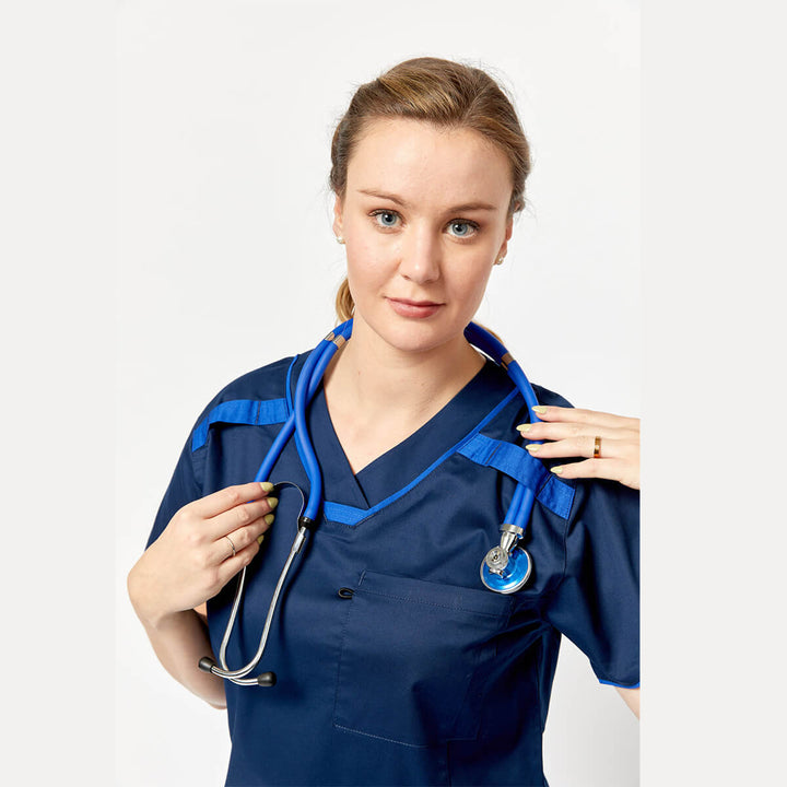Medi8 M88026 Women’s Stretch Scrub Top Navy Blue Detail View 2