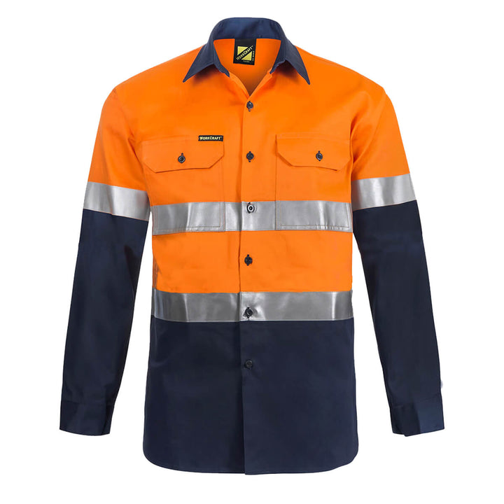 WorkCraft WS4000 Hi Vis Two Tone Long Sleeve Cotton Drill Shirt with CSR Reflective Tape Orange/Navy View 1