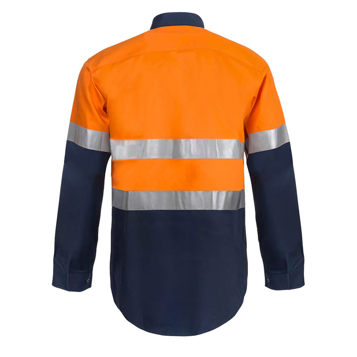 WorkCraft WS4000 Hi Vis Two Tone Long Sleeve Cotton Drill Shirt with CSR Reflective Tape Orange/Navy View 2