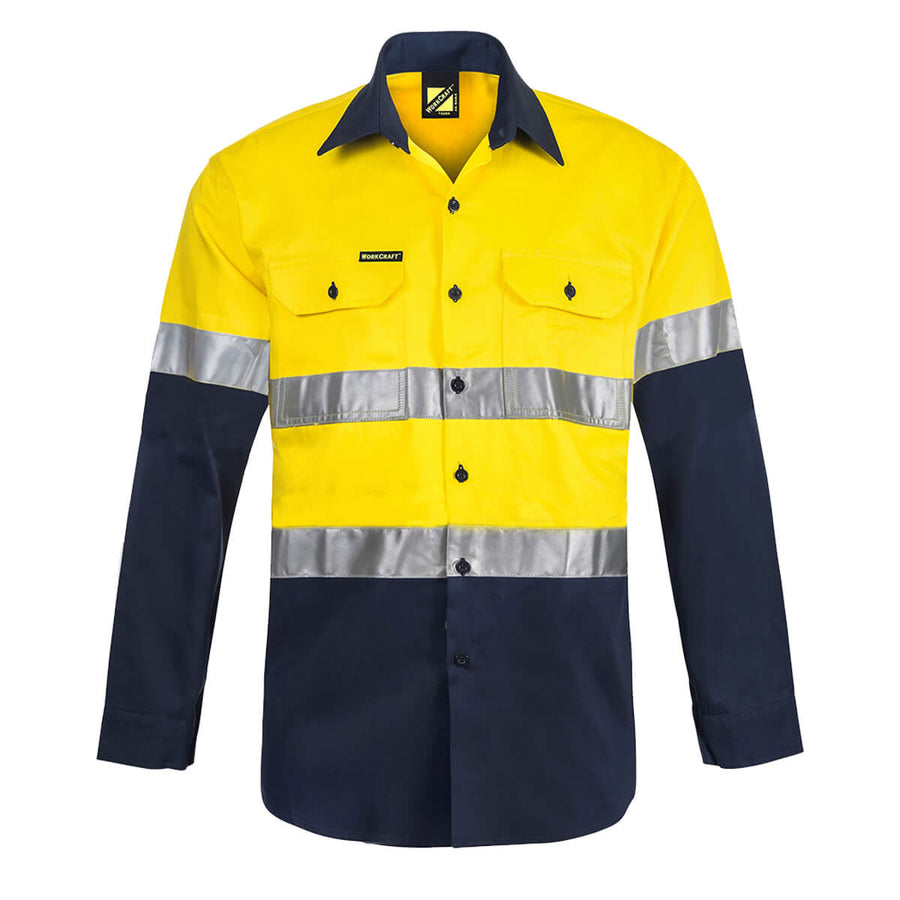WorkCraft WS4000 Hi Vis Two Tone Long Sleeve Cotton Drill Shirt with CSR Reflective Tape Yellow/Navy View 1