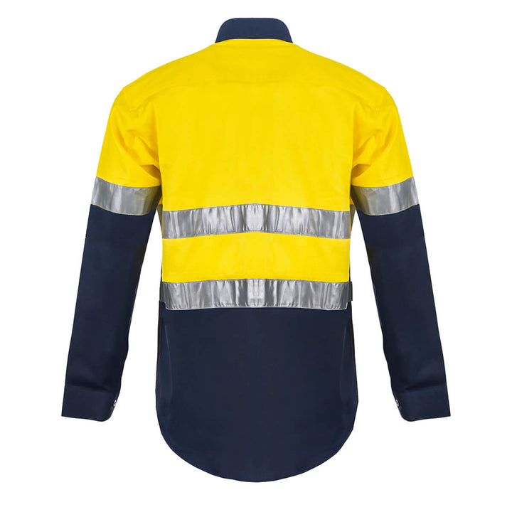 WorkCraft WS4000 Hi Vis Two Tone Long Sleeve Cotton Drill Shirt with CSR Reflective Tape Yellow/Navy View 2