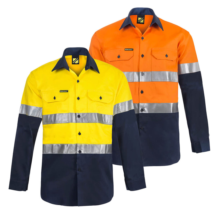 WorkCraft WS4000 Hi Vis Two Tone Long Sleeve Cotton Drill Shirt with CSR Reflective Tape