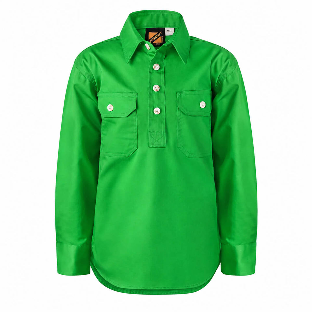 WorkCraft WSK131 Kids Half Placket Shirt Long Sleeve Electric Green