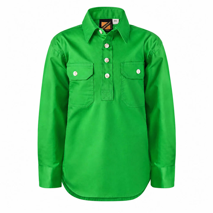 WorkCraft WSK131 Kids Half Placket Shirt Long Sleeve Electric Green
