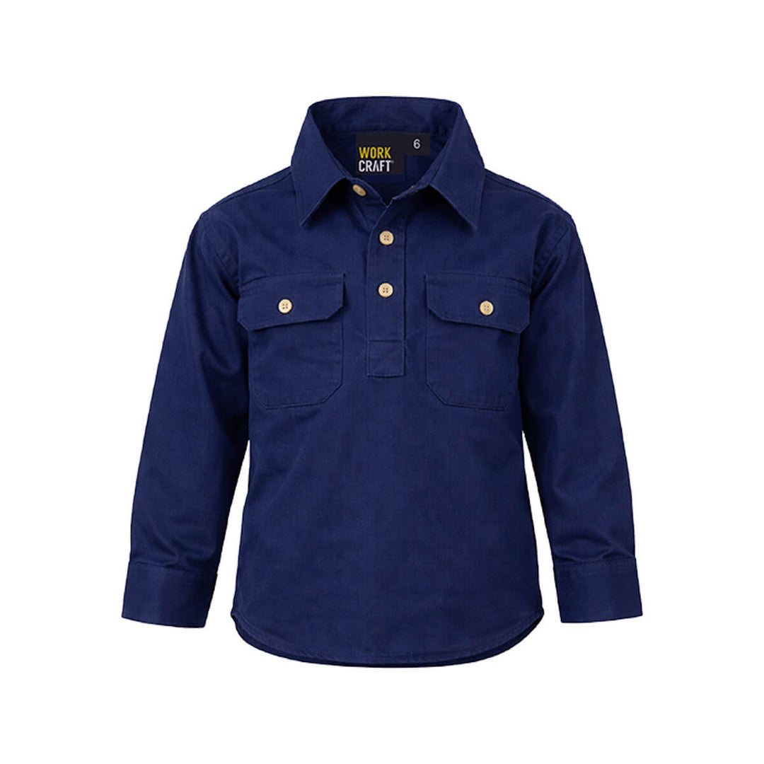 WorkCraft WSK131 Kids Lightweight Half Placket Cotton Drill Shirt Long Sleeve 