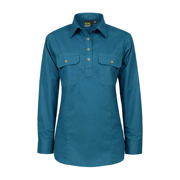 WorkCraft WSL505 Ladies Lightweight Half Placket Cotton Drill Shirt Long Sleeve Diesel Front