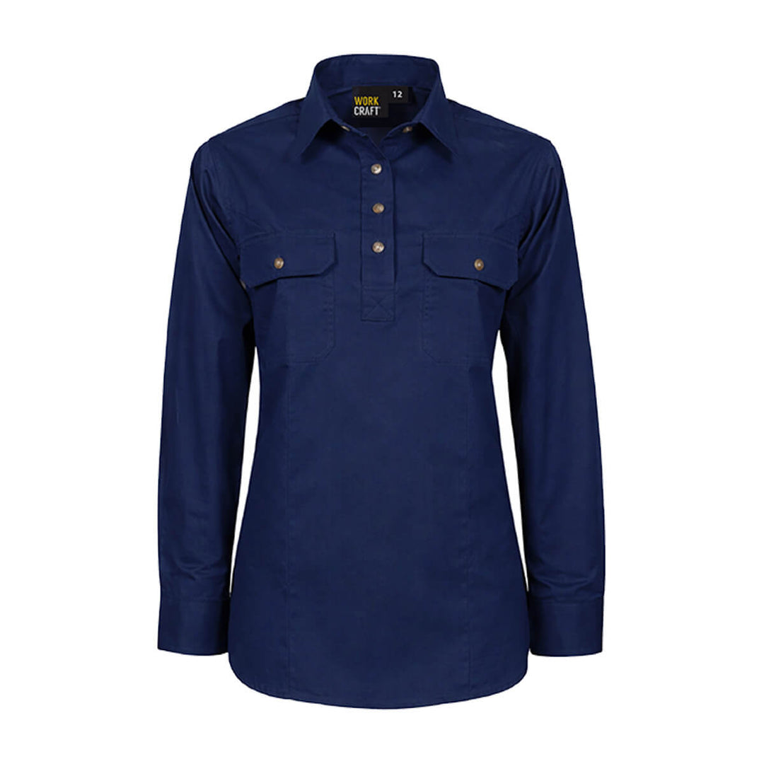 WorkCraft WSL505 Ladies Lightweight Half Placket Cotton Drill Shirt Long Sleeve Navy Front