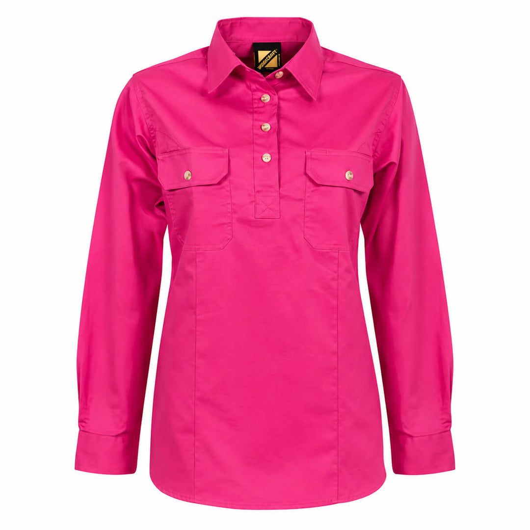 WorkCraft WSL505 Womens Half Placket Shirt Long Sleeve Pink