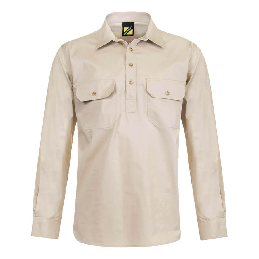 WorkCraft WS3029 Half Placket Shirt Long Sleeve Cream Front