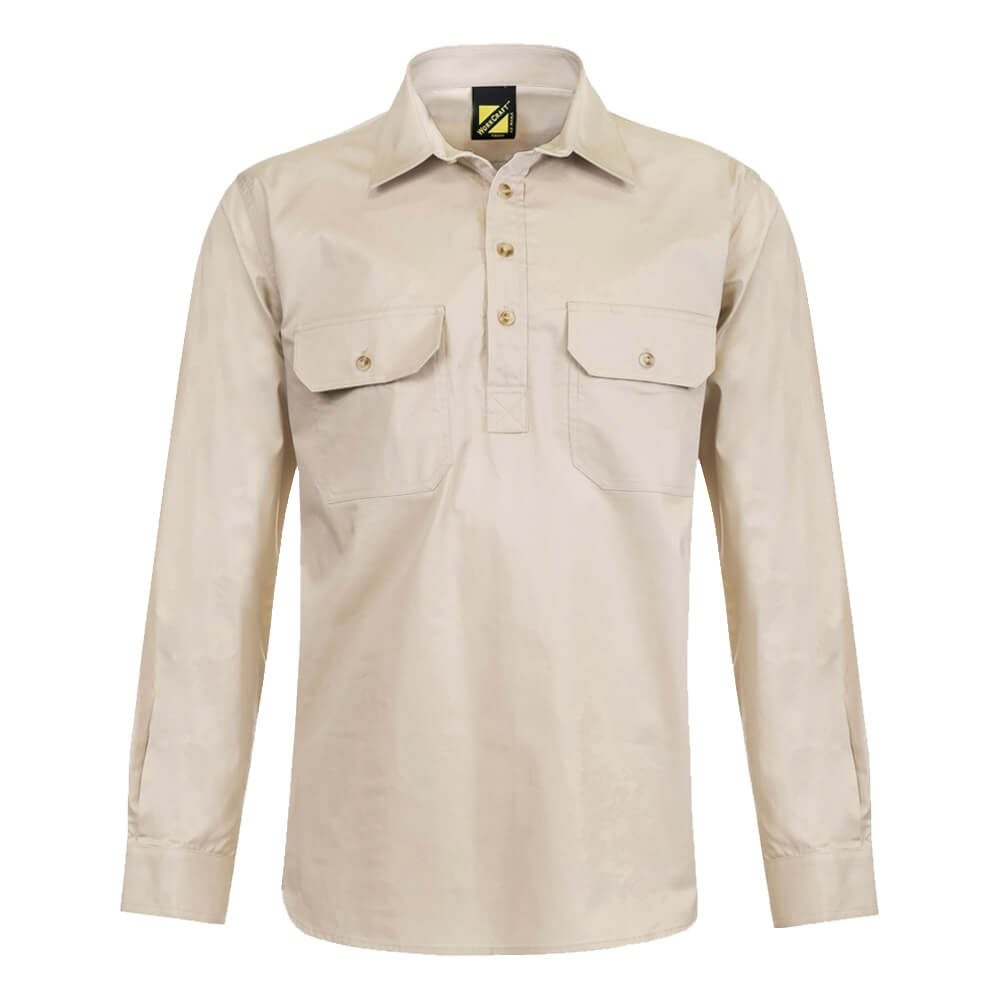 WorkCraft WS3029 Half Placket Shirt Long Sleeve Cream Front
