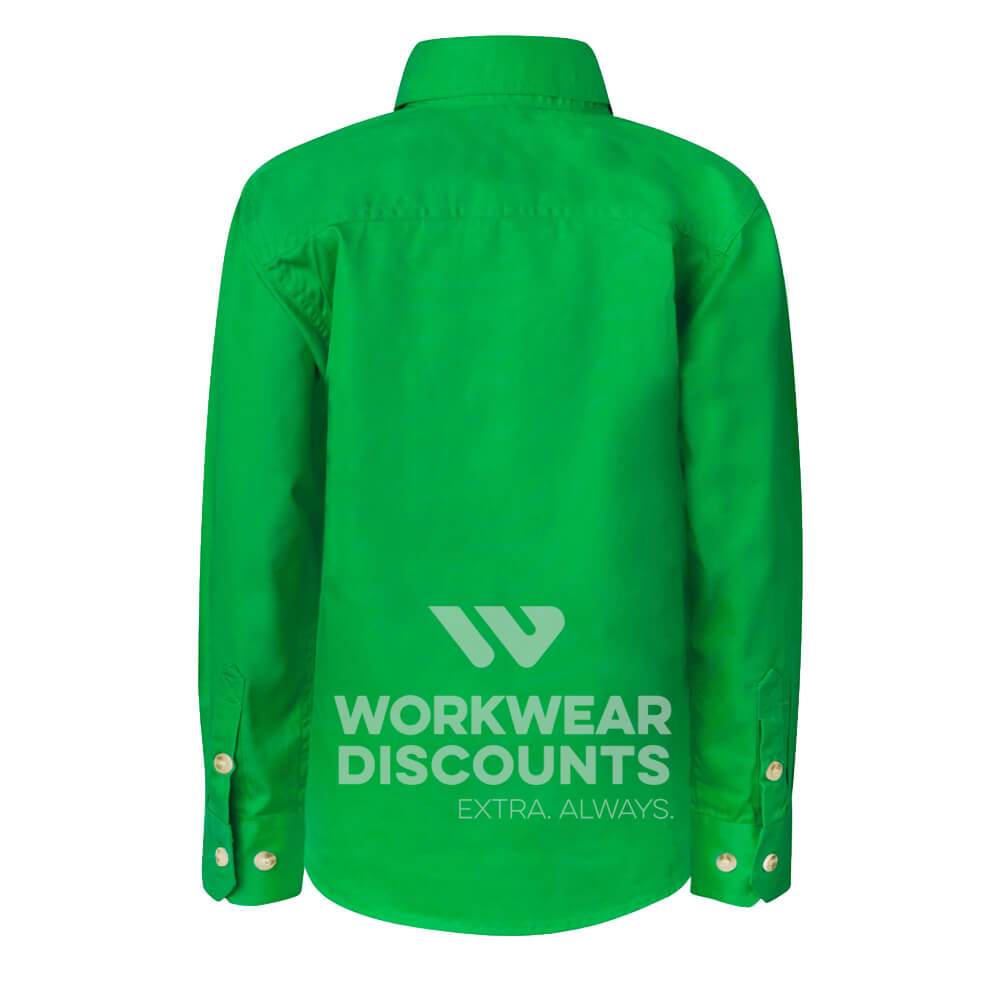 WorkCraft WSK131 Kids Lightweight Half Placket Cotton Drill Shirt Long Sleeve Green Back