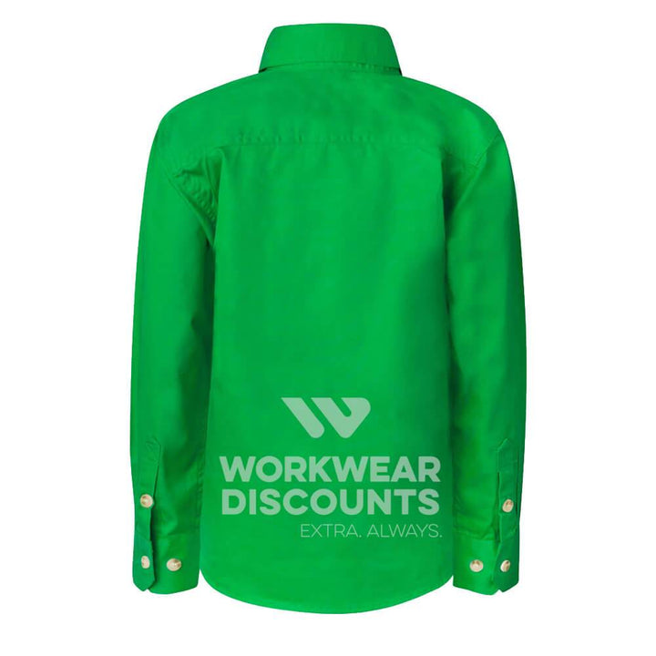 WorkCraft WSK131 Kids Lightweight Half Placket Cotton Drill Shirt Long Sleeve Green Back