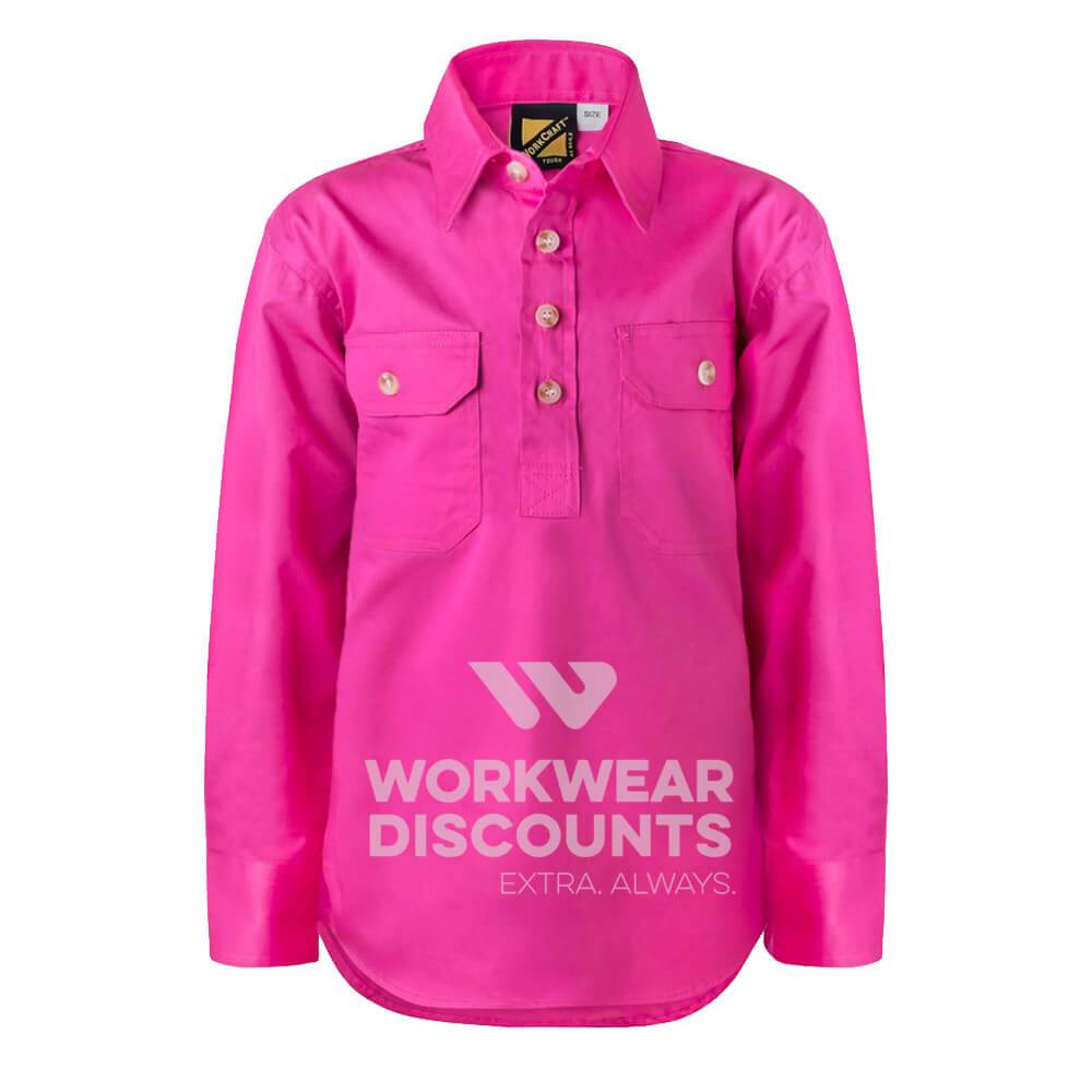WorkCraft WSK131 Kids Lightweight Half Placket Cotton Drill Shirt Long Sleeve Pink Front
