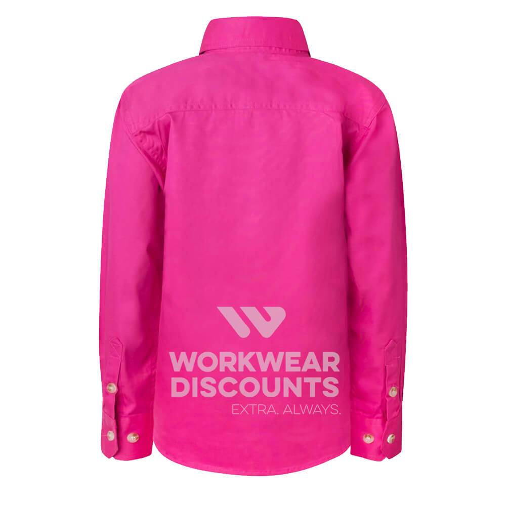 WorkCraft WSK131 Kids Lightweight Half Placket Cotton Drill Shirt Long Sleeve Pink Back