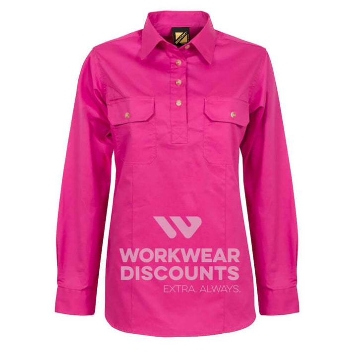 WorkCraft WSL505 Ladies Lightweight Half Placket Cotton Drill Shirt Long Sleeve Pink Front