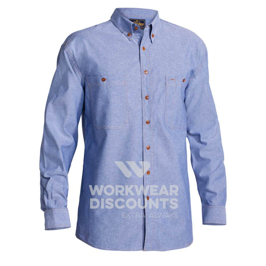 Bisley B76407 Cotton Chambray Shirt Long Sleeve Blue Front