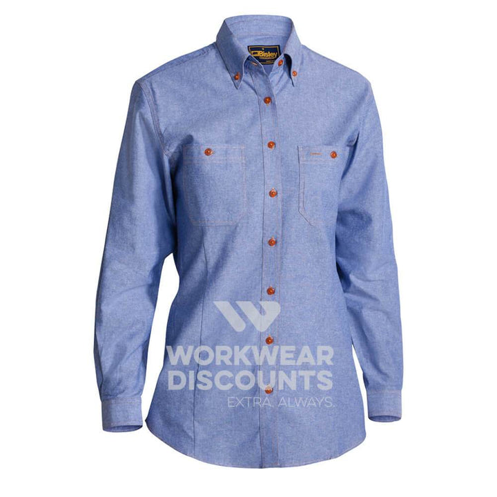 Bisley B76407L Ladies Cotton Chambray Shirt Long Sleeve Blue Front