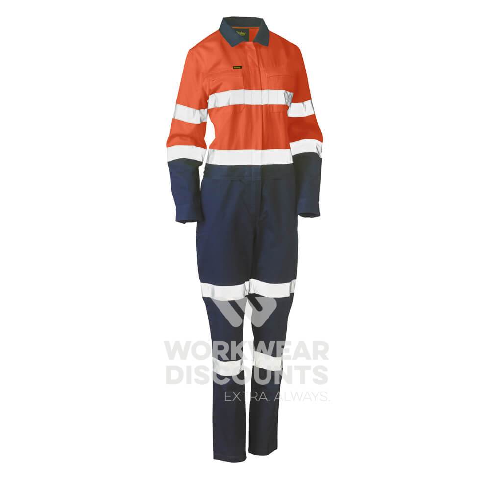 Bisley BCL6066T Womens Hi-Vis Taped Cotton Drill Coverall Orange Navy Front