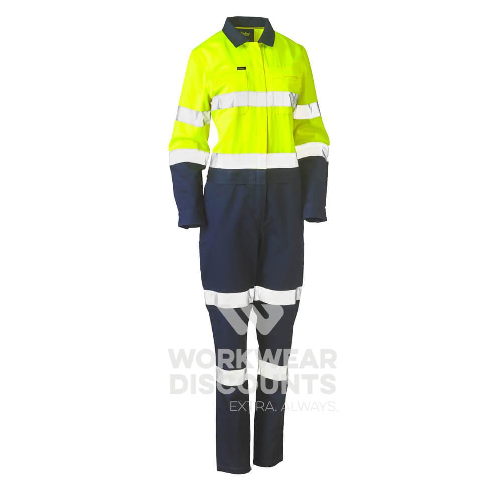 Bisley BCL6066T Womens Hi-Vis Taped Cotton Drill Coverall Yellow Navy Front