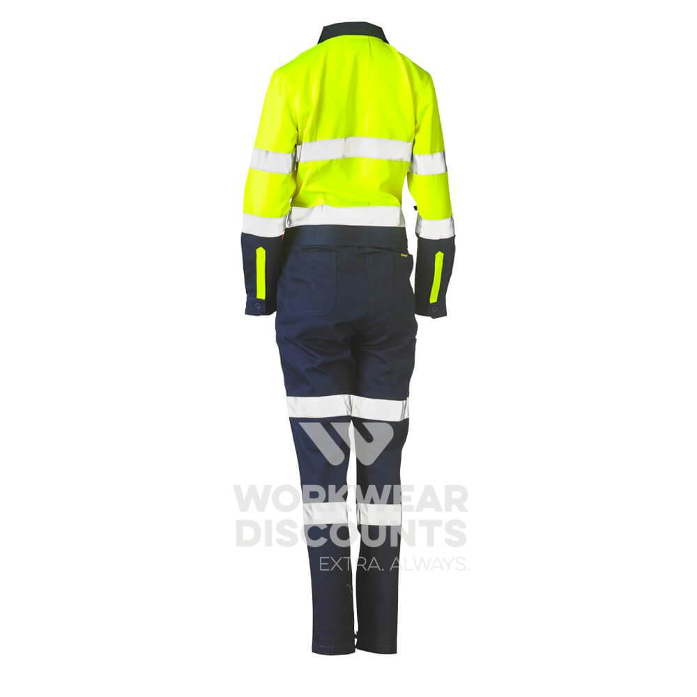 Bisley BCL6066T Womens Hi-Vis Taped Cotton Drill Coverall Yellow Navy Back
