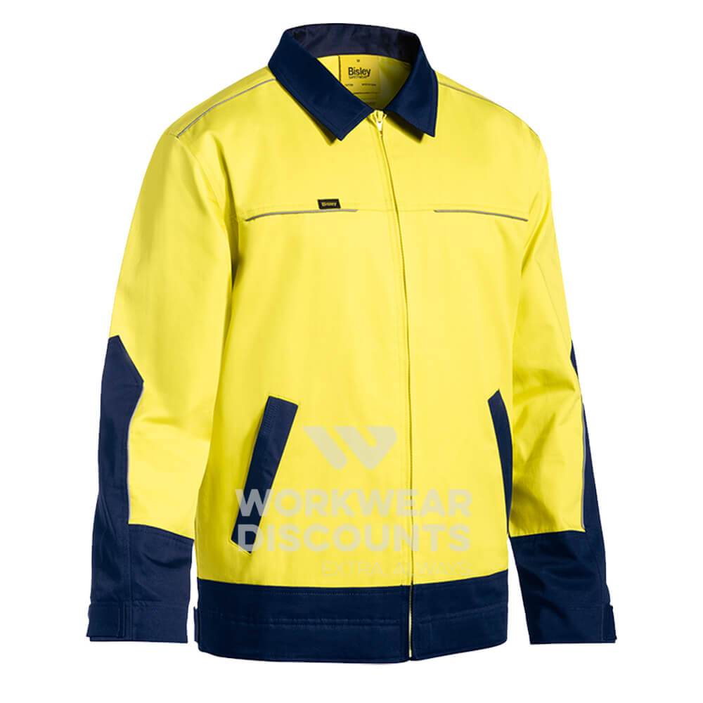 Bisley BJ6917 Hi-Vis Cotton Drill Jacket with Liquid Repellent Finish Yellow Navy Front