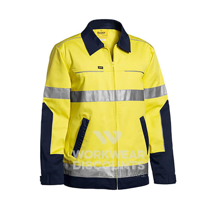 Bisley BJ6917T Hi-Vis Taped Cotton Drill Jacket with Liquid Repellent Finish Yellow Navy Front