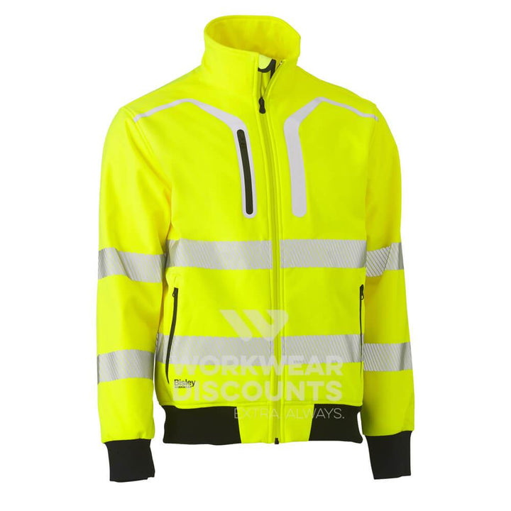 Bisley BJ6979T Hi-Vis Taped Soft Shell Bomber Jacket Yellow Navy Front