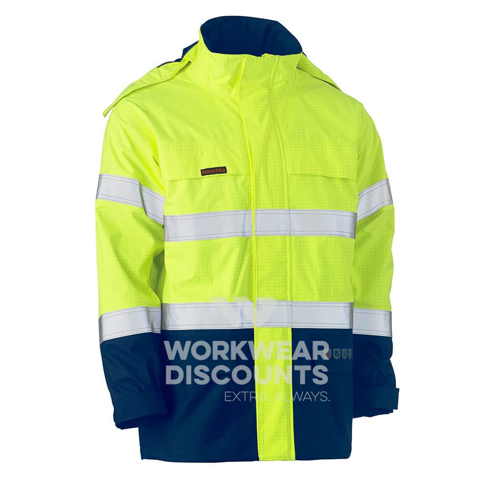 Bisley BJ8110T Taped Two Tone Hi-Vis FR Wet Weather Shell Jacket with Hood Yellow Navy Front
