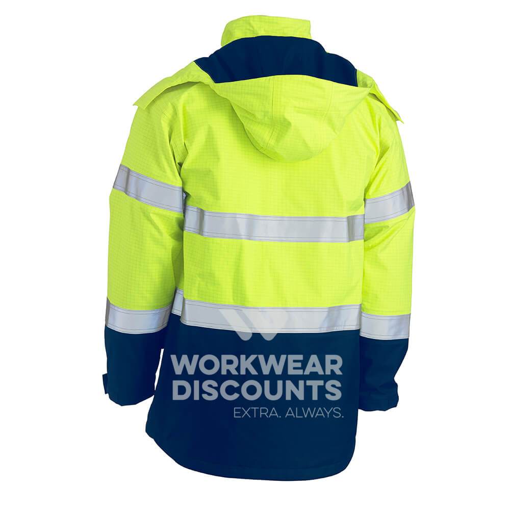 Bisley BJ8110T Taped Two Tone Hi-Vis FR Wet Weather Shell Jacket with Hood Yellow Navy Back