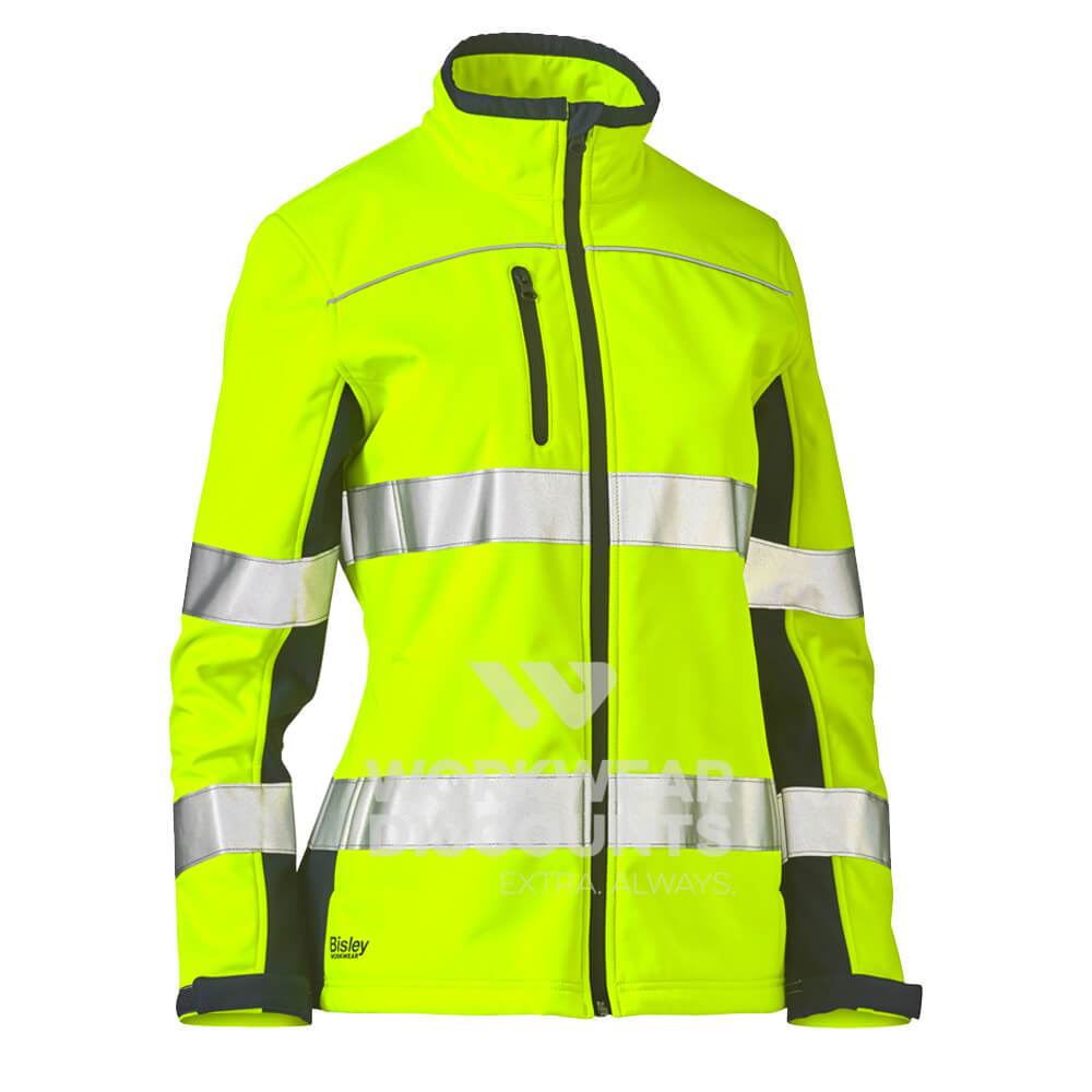 Bisley BJL6059T Womens Hi-Vis Taped Soft Shell Jacket Yellow Navy Front