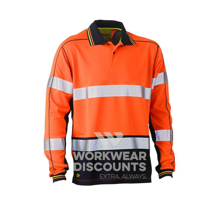 Bisley BK6219T Taped Two Tone Hi-Vis Polyester Mesh Polo Long Sleeve Orange Navy Front