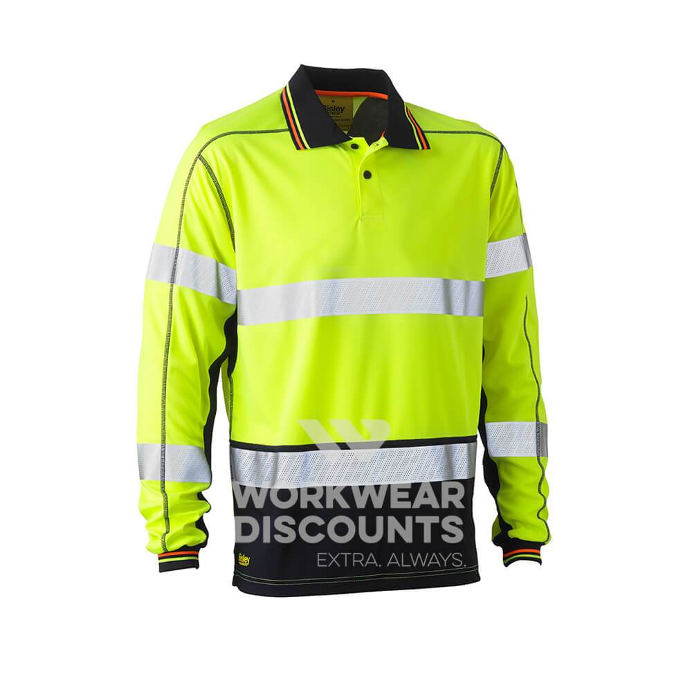 Bisley BK6219T Taped Two Tone Hi-Vis Polyester Mesh Polo Long Sleeve Yellow Navy Front