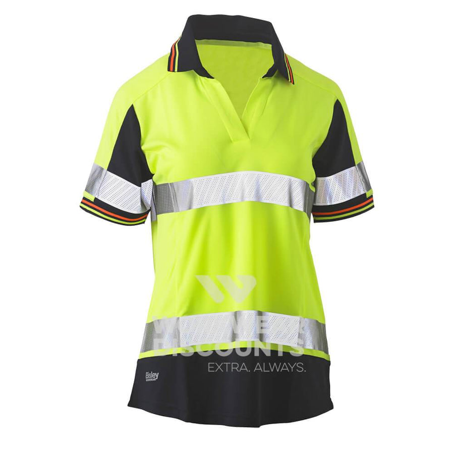 Bisley BKL1225T Womens Hi-Vis Taped V-Neck Polo Short Sleeve Yellow Navy Front