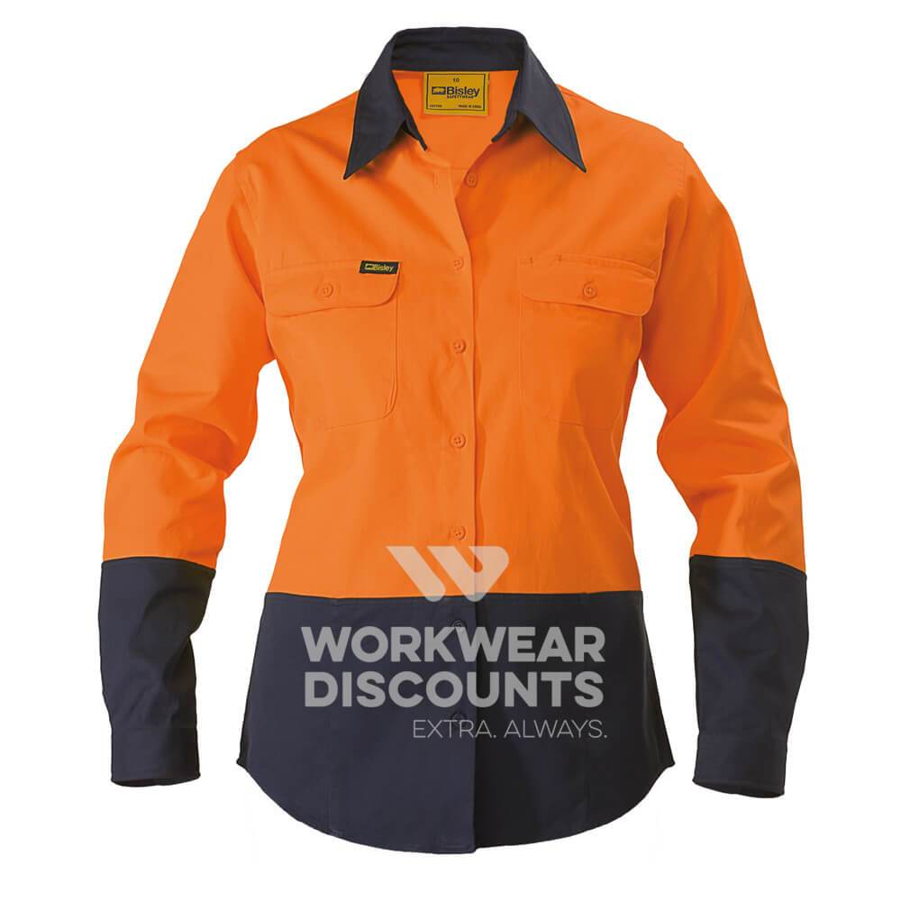 Bisley BL6267 Ladies Hi-Vis Cotton Drill Shirt Long Sleeve Orange Navy Front