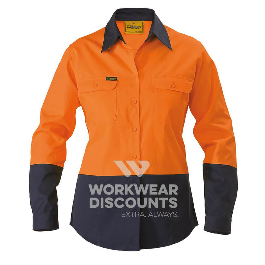 Bisley BL6267 Ladies Hi-Vis Cotton Drill Shirt Long Sleeve Orange Navy Front