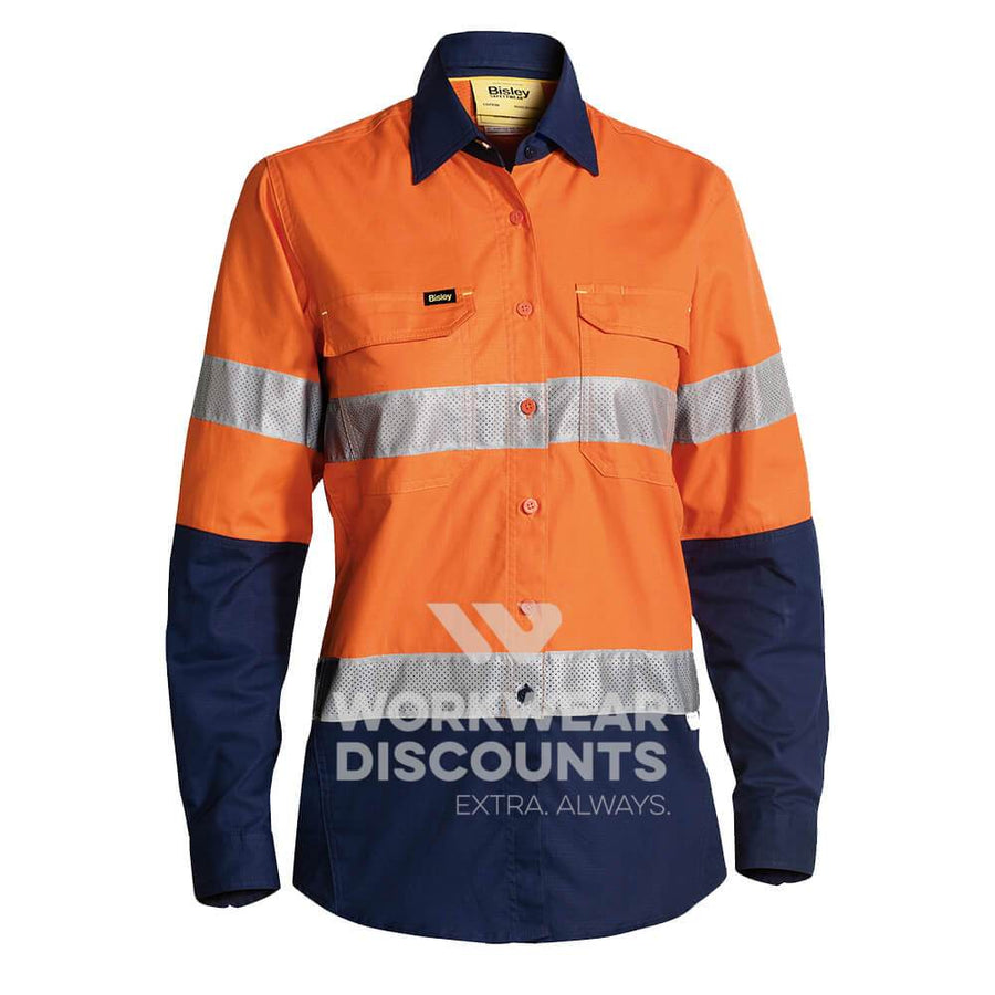 Bisley BL6415T Ladies Hi-Vis Taped Airflow Ripstop Vented Work Shirt Long Sleeve Orange Navy Front