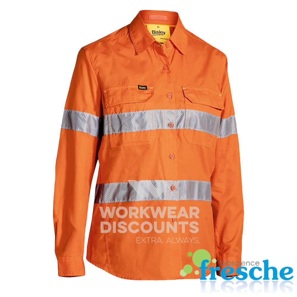 Bisley BL6416T Ladies Hi-Vis Taped Airflow Ripstop Vented Work Shirt Long Sleeve Orange Front