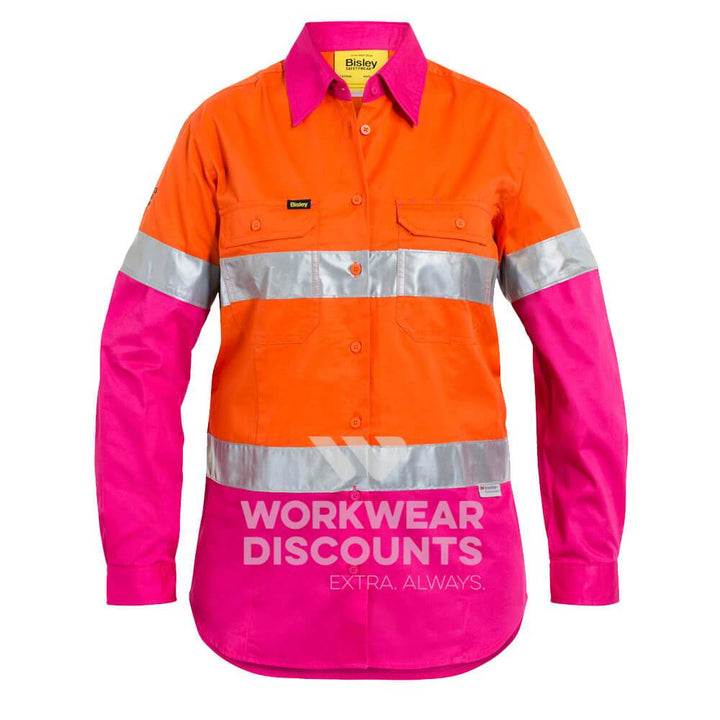 Bisley BL6696T NBCF Ladies Hi-Vis Taped Lightweight Cotton Drill Shirt Long Sleeve Orange Pink Front