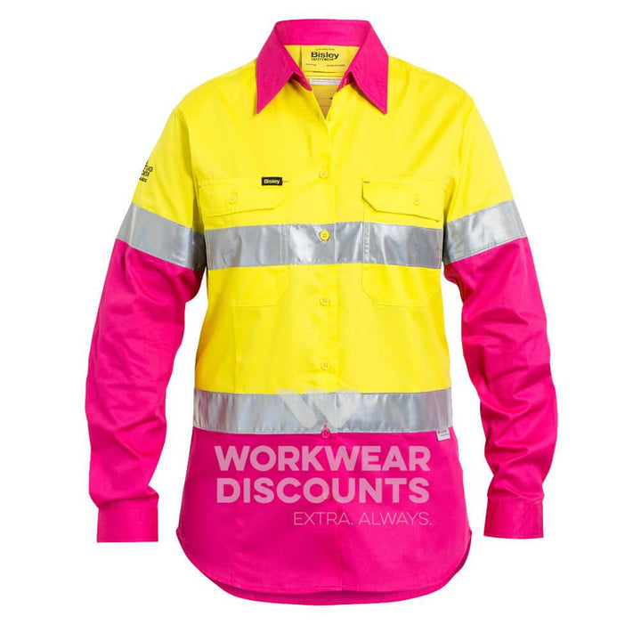 Bisley BL6696T NBCF Ladies Hi-Vis Taped Lightweight Cotton Drill Shirt Long Sleeve Yellow Pink Front