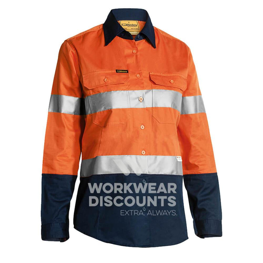 Bisley BL6896 Ladies Hi-Vis Taped Lightweight Cotton Drill Shirt Long Sleeve Orange Navy Front