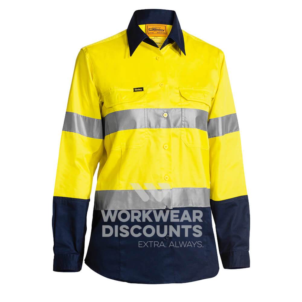 Bisley BL6896 Ladies Hi-Vis Taped Lightweight Cotton Drill Shirt Long Sleeve Yellow Navy Front