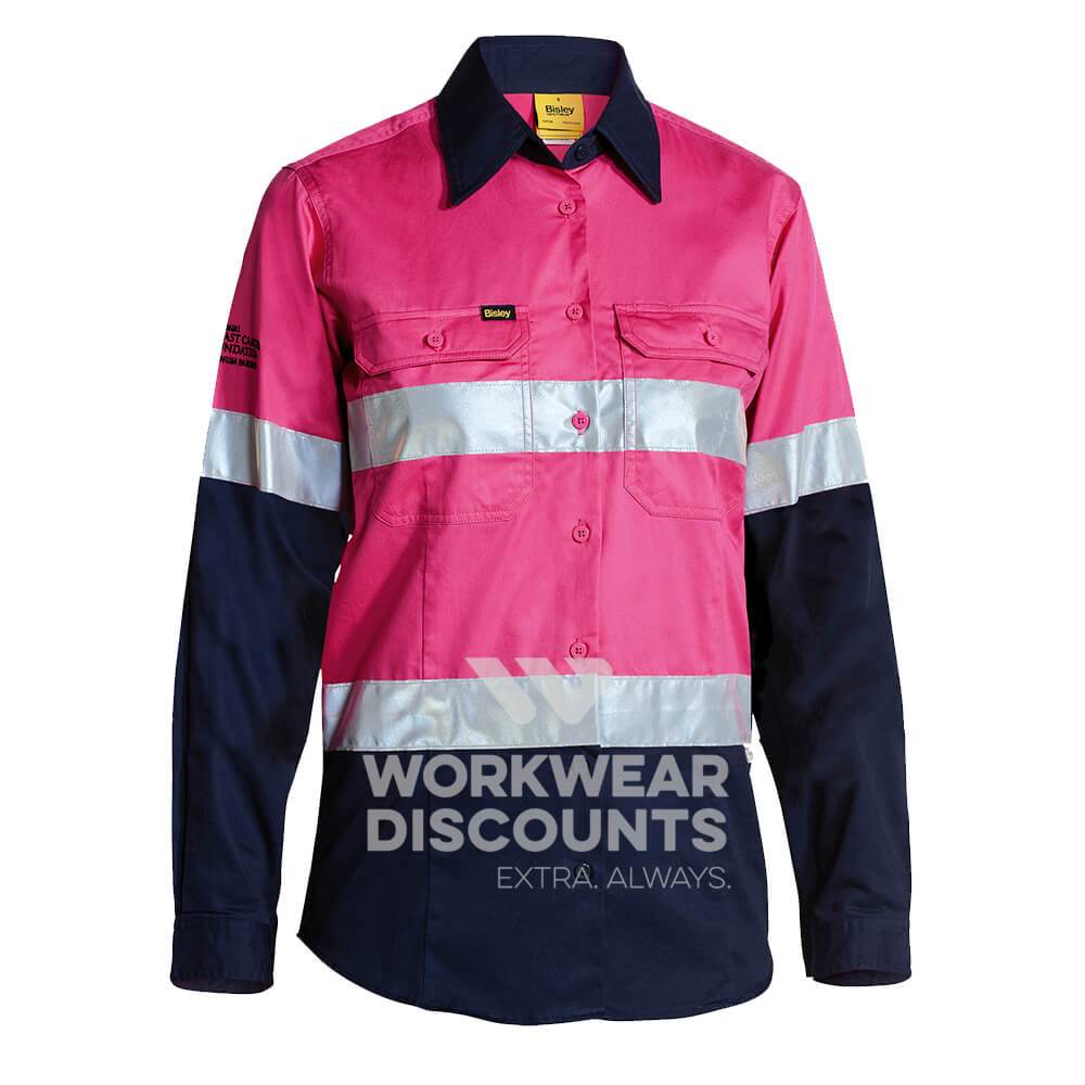 Bisley BL6896 NBCF Ladies Hi-Vis Taped Lightweight Cotton Drill Shirt Long Sleeve Pink Navy Front