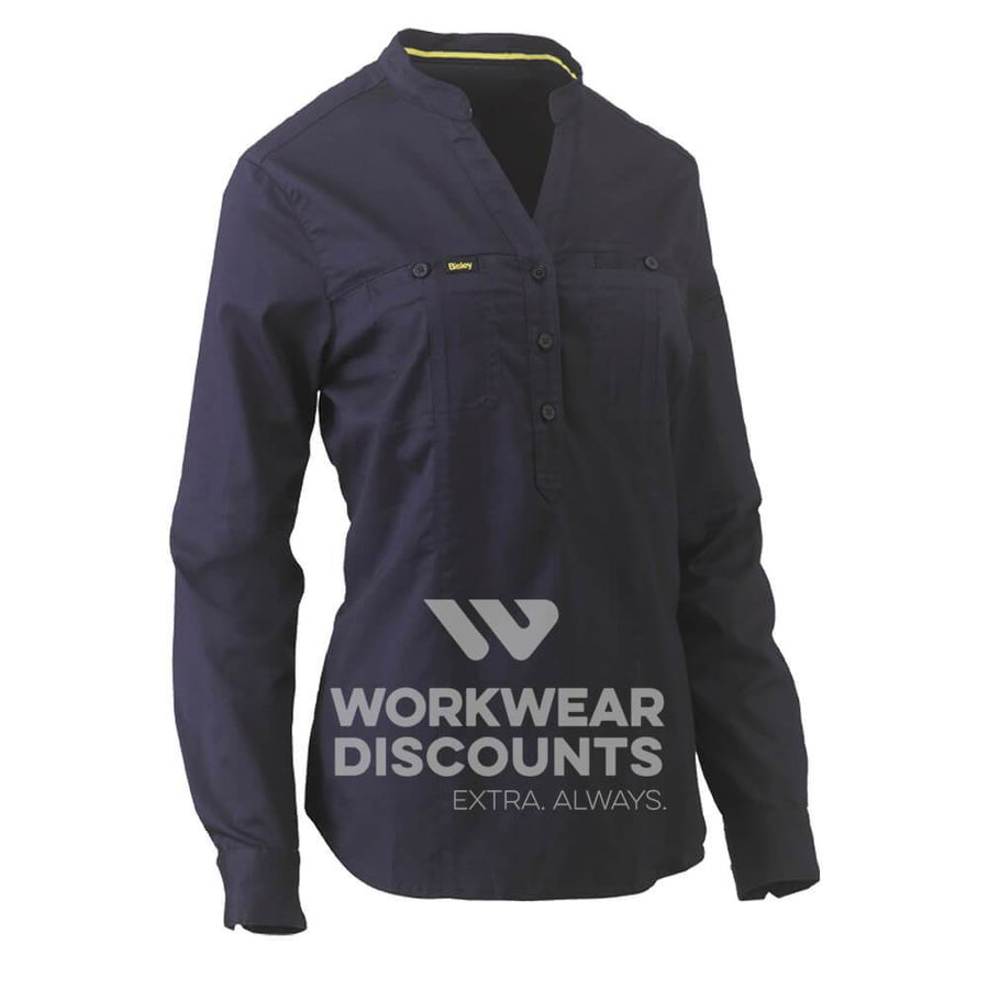 Bisley BLC6063 Womens Stretch V-Neck Closed Front Shirt Long Sleeve Navy Front