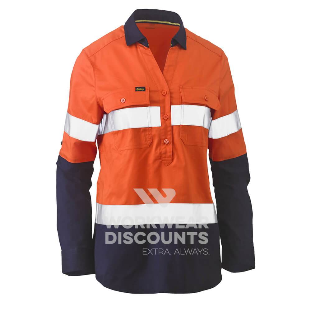Bisley BLC6064T Womens Hi-Vis Taped Stretch Closed Front Shirt Long Sleeve Orange Navy Front