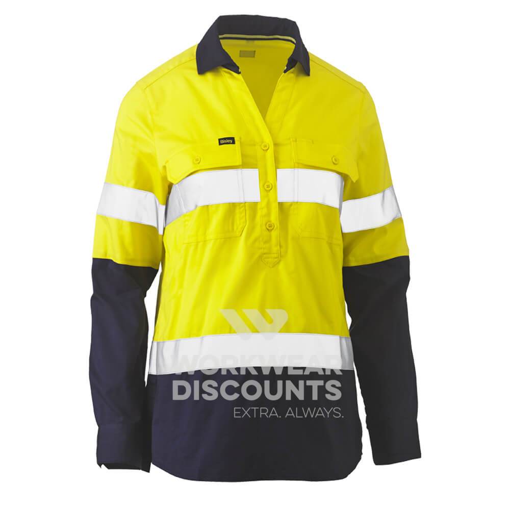 Bisley BLC6064T Womens Hi-Vis Taped Stretch Closed Front Shirt Long Sleeve Yellow Navy Front