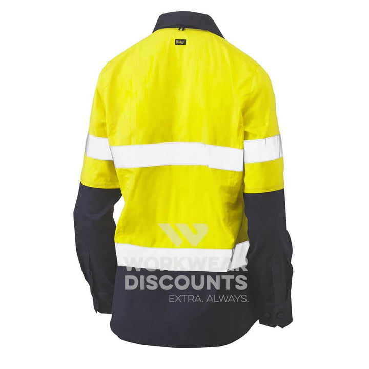 Bisley BLC6064T Womens Hi-Vis Taped Stretch Closed Front Shirt Long Sleeve Yellow Navy Back