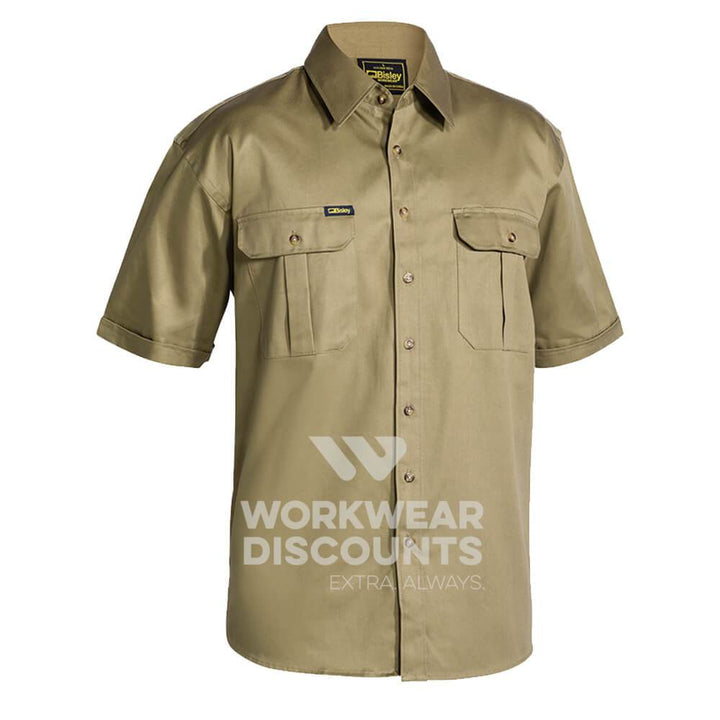Bisley BS1433 Cotton Drill Shirt Short Sleeve Khaki Front